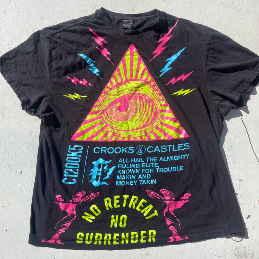 Men's Crooks & Castles T-Shirt Black No Retreat XL Street Y2K Pyramid Eye NWO